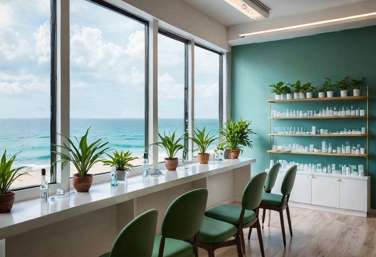 A soothing scene of a serene eye care clinic, with a bright, inviting waiting area filled with green plants and gentle lighting. Showcase a diverse group of people, each enjoying personalized eye care services, such as eye exams and consultations. Include close-up shots of various eye wellness products like glasses, contact lenses, and eye drops arranged aesthetically on a table. Add a calming ocean view through large windows, symbolizing clarity and health. super-realistic. vibrant colors. warm tones.