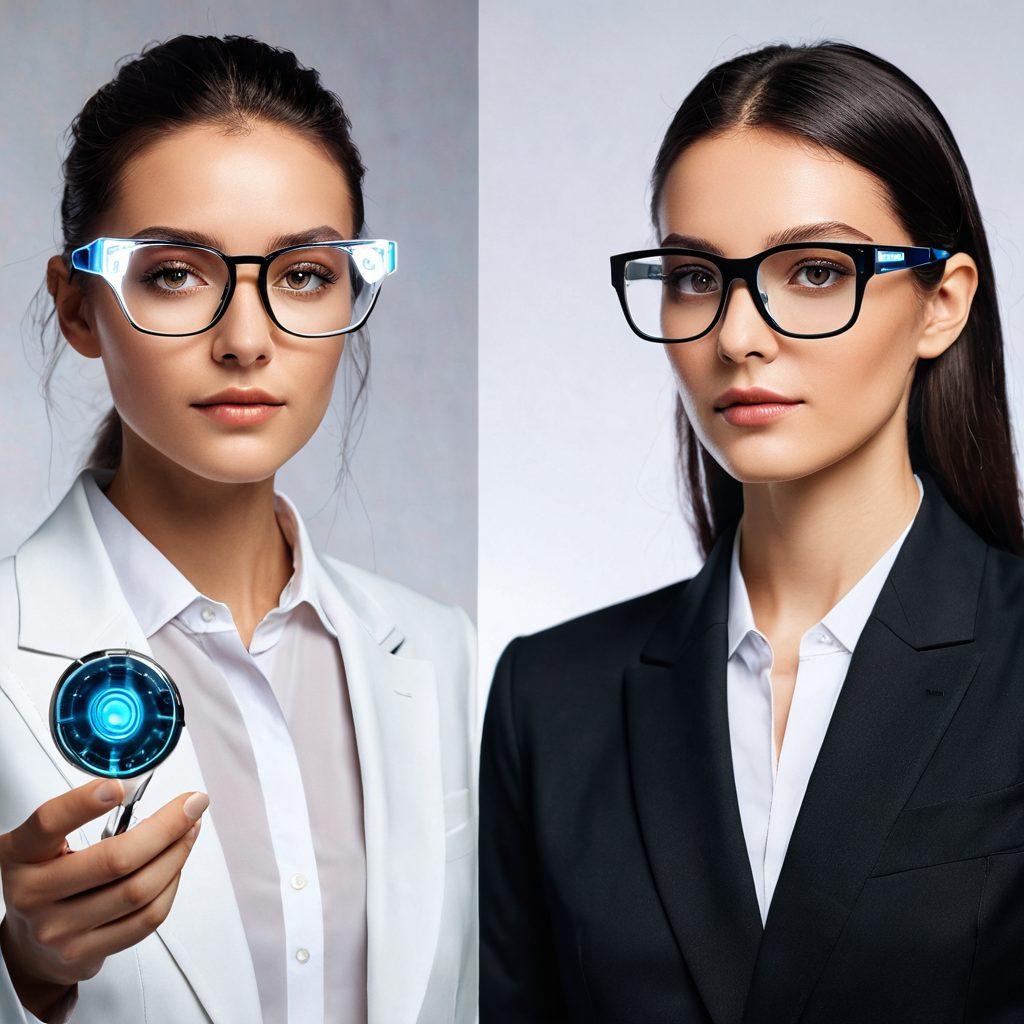 A split-screen illustration showcasing various vision correction methods: on the left, a stylish individual adjusting their fashionable eyewear, while on the right, a futuristic eye therapy setup with advanced technology and glowing screens. Include symbols of clarity and vision, like rays of light emanating from both sides. The setting should feel bright and optimistic, emphasizing innovation and style. super-realistic. vibrant colors. white background.
