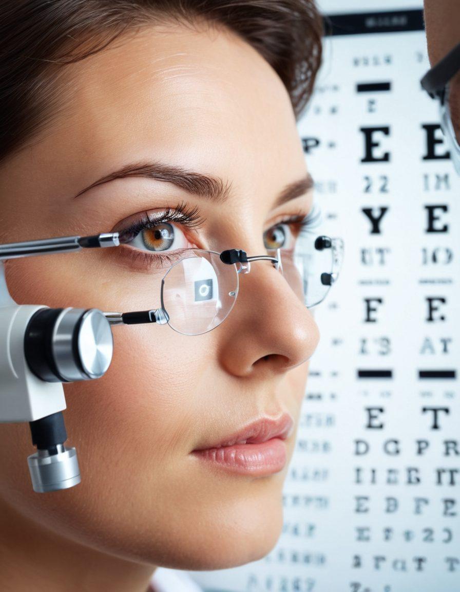 An insightful scene depicting an eye exam in a modern clinic, featuring a close-up of a patient’s eye being examined with advanced optical technology. Include a diverse pair of ophthalmologists discussing eye health, with charts and diagrams of the eye anatomy in the background. Soft, natural lighting to evoke a sense of care and professionalism. super-realistic. vibrant colors.